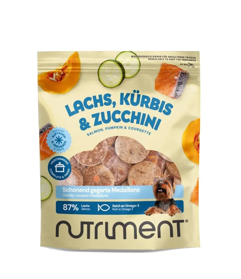 Schonend gegarte Medaillons Lachs, Kürbis & Zucchini 800 g | Roh, getreidefrei, ausgewogen | Für Hunde | Hundefutter | haustierkost by Nutriment – product photo