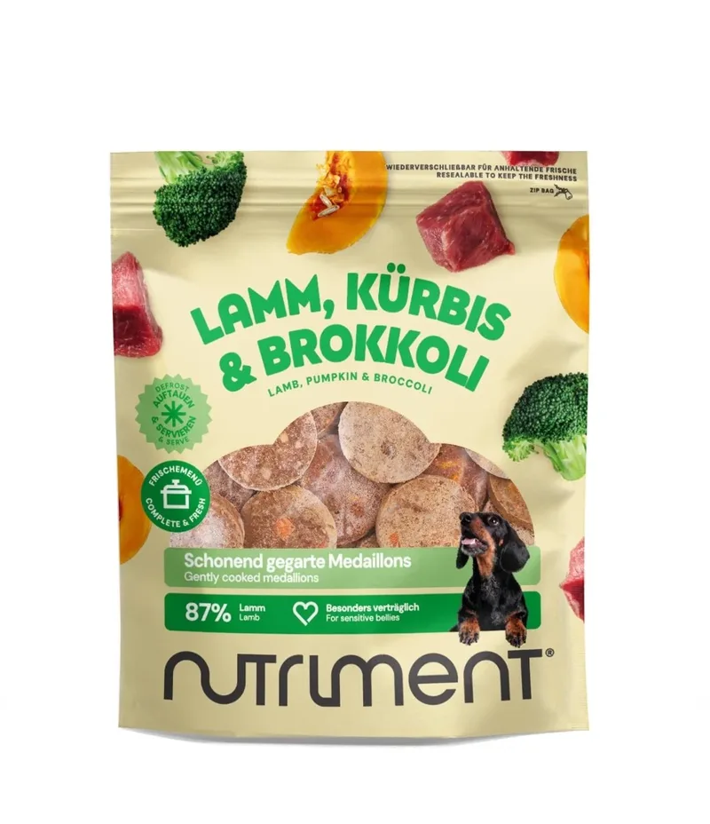 Schonend gegarte Medaillons Lamm, Kürbis & Brokkoli 800 g | Roh, getreidefrei, ausgewogen | Für Hunde | Hundefutter | haustierkost by Nutriment – product photo