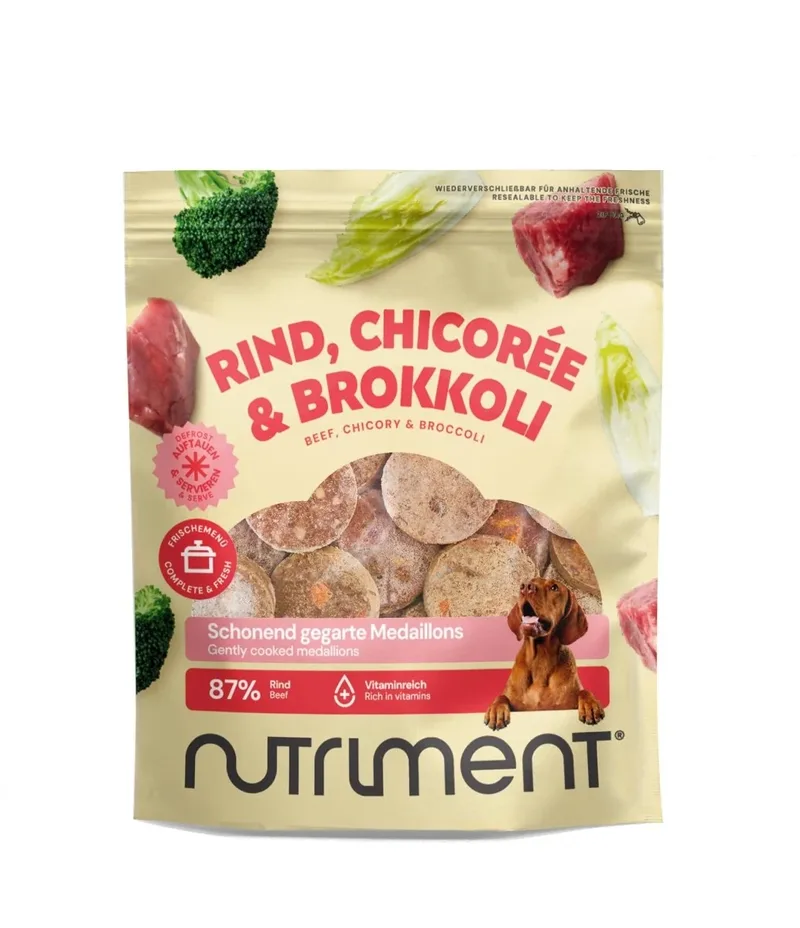 Schonend gegarte Medaillons Rind, Chicorée & Brokkoli 800 g | Roh, getreidefrei, ausgewogen | Für Hunde | Hundefutter | haustierkost by Nutriment – product photo