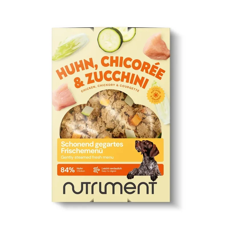 Schonend gegartes Frischemenü Huhn, Chicorée & Zucchini 400 g | Roh, getreidefrei, ausgewogen | Für Hunde | Hundefutter | haustierkost by Nutriment – product photo