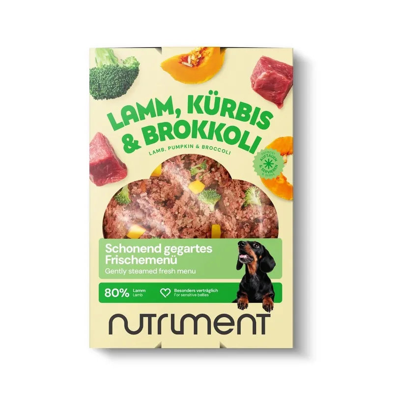 Schonend gegartes Frischemenü Lamm, Kürbis & Brokkoli 400 g | Roh, getreidefrei, ausgewogen | Für Hunde | Hundefutter | haustierkost de Nutriment – photo produit