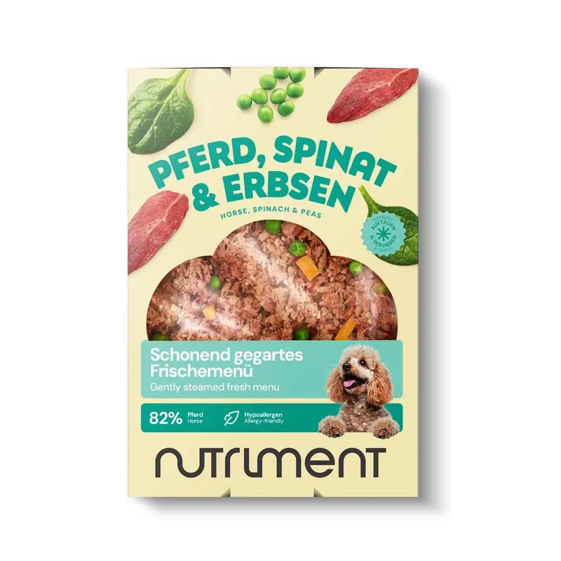 Schonend gegartes Frischemenü Pferd, Spinat & Erbsen 400 g | Roh, getreidefrei, ausgewogen | Für Hunde | Hundefutter | haustierkost by Nutriment – product photo