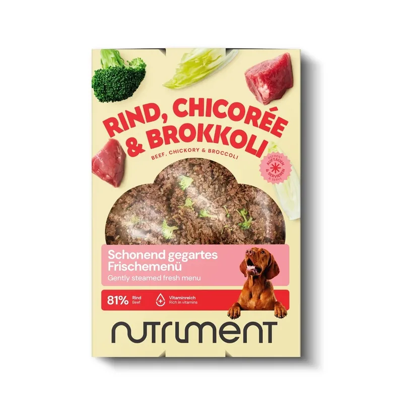Schonend gegartes Frischemenü Rind, Chicorée & Brokkoli 400 g | Roh, getreidefrei, ausgewogen | Für Hunde | Hundefutter | haustierkost de Nutriment – photo produit