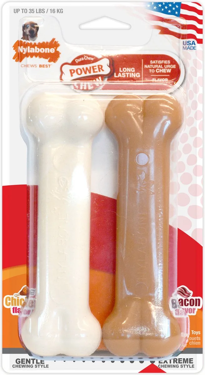 Chew Twin Pack Wolf - Hondenspeelgoed - Kip Bacon Wit Roze Voor Honden Tot 16 Kg M de Nylabone en Blanc, Marron – photo produit