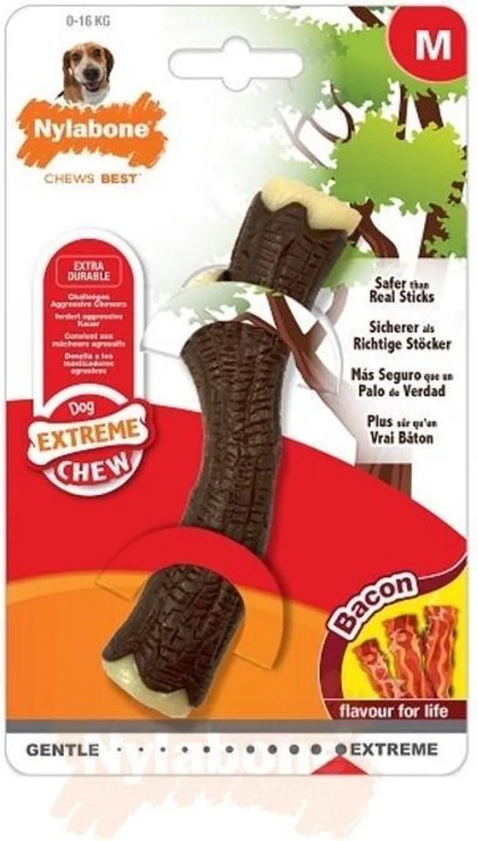 Extreme kauwbot - Nylon Houten stok met baconsmaak - Voor de Krachtigste Kauwers - In Medium of Extra Large - Medium de Nylabone en Marron – photo produit