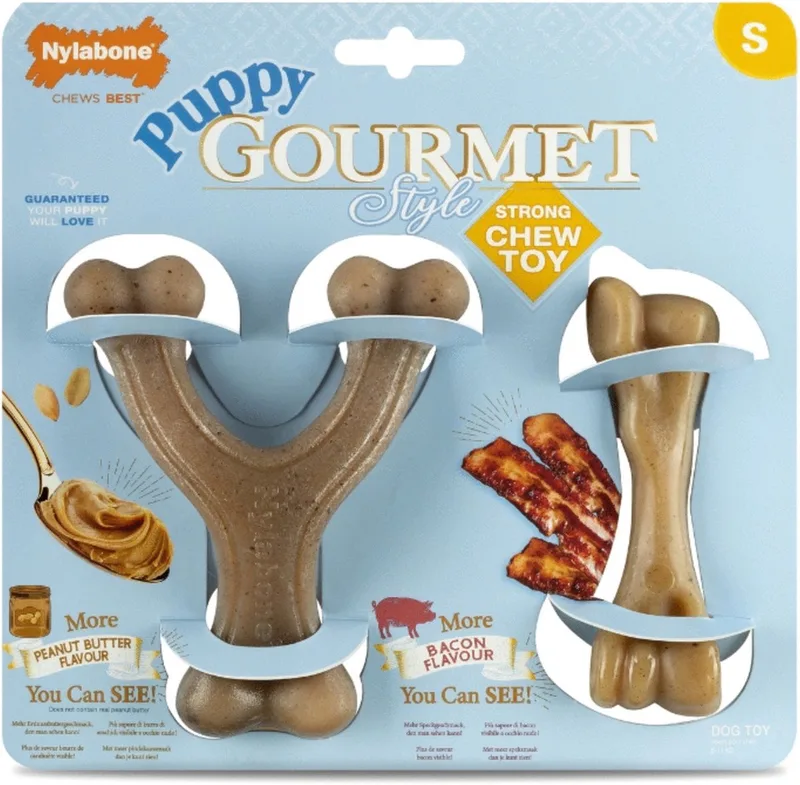 Puppy Gourmet Twin Pack - Hondenspeelgoed - Pindakaas Bacon Small by Nylabone in Brown – product photo