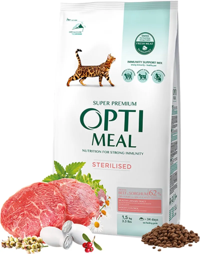 Droogvoer voor Gesteriliseerde Katten – Rund & Sorghum – Super Premium Kattenvoer voor Volwassen Katten – Urinewegondersteuning & Gewichtscontrole 1.5kg de Optimeal – photo produit