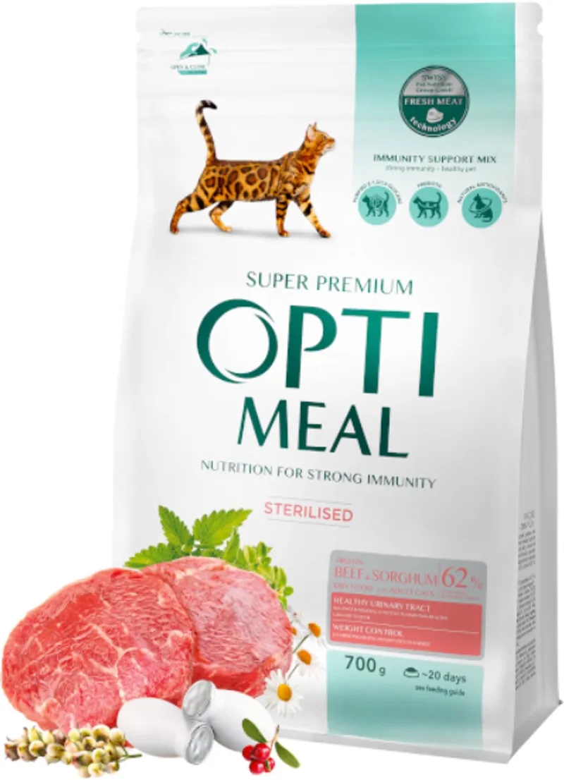 Droogvoer voor Gesteriliseerde Katten – Rund & Sorghum – Super Premium Kattenvoer voor Volwassen Katten – Urinewegondersteuning & Gewichtscontrole 0.7kg de Optimeal – photo produit