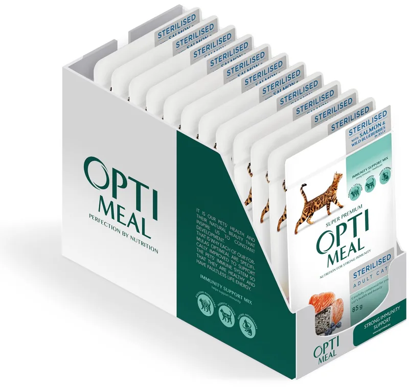 gesteriliseerde katten natvoer met zalm en wilde bosbessen in gelei - 12x 85g fra Optimeal – produktbillede