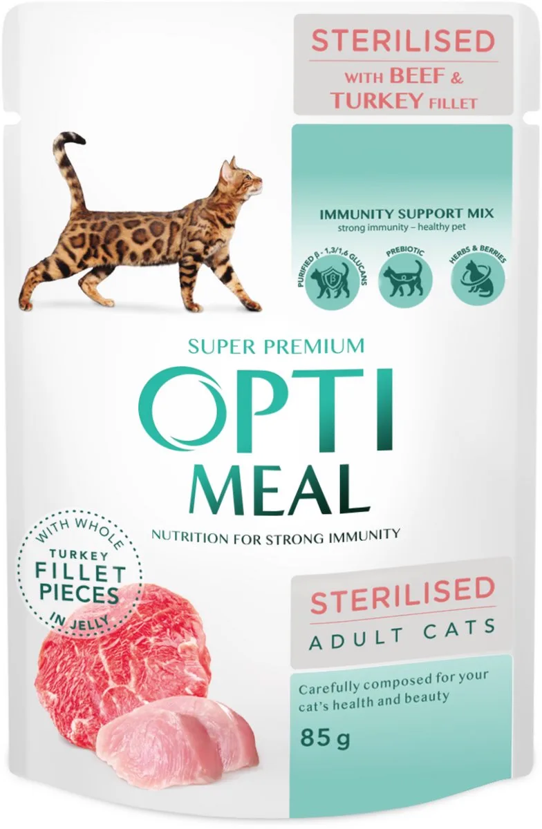 Natvoer voor Gesteriliseerde Katten – Rund & Kalkoenfilet in Gelei – Super Premium Kattenvoer – 12x85g by Optimeal – product photo