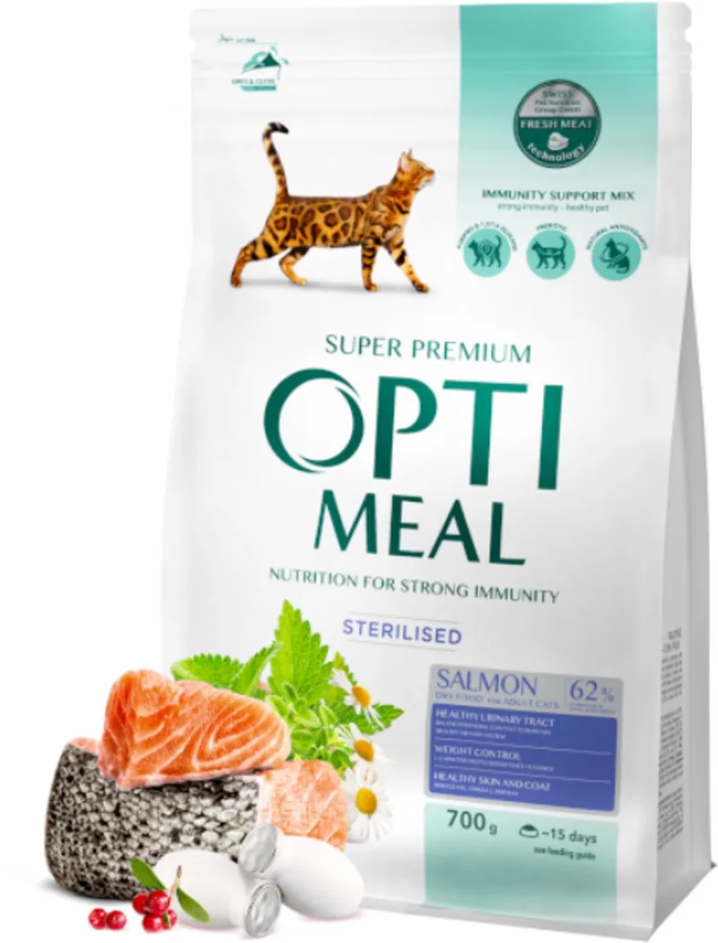 Optimeal™ Volledig Droogvoer voor Gesteriliseerde Katten – Zalm, Urinegezondheid & Gewichtsbeheersing, Super Premium 0,7g by Optimeal – product photo