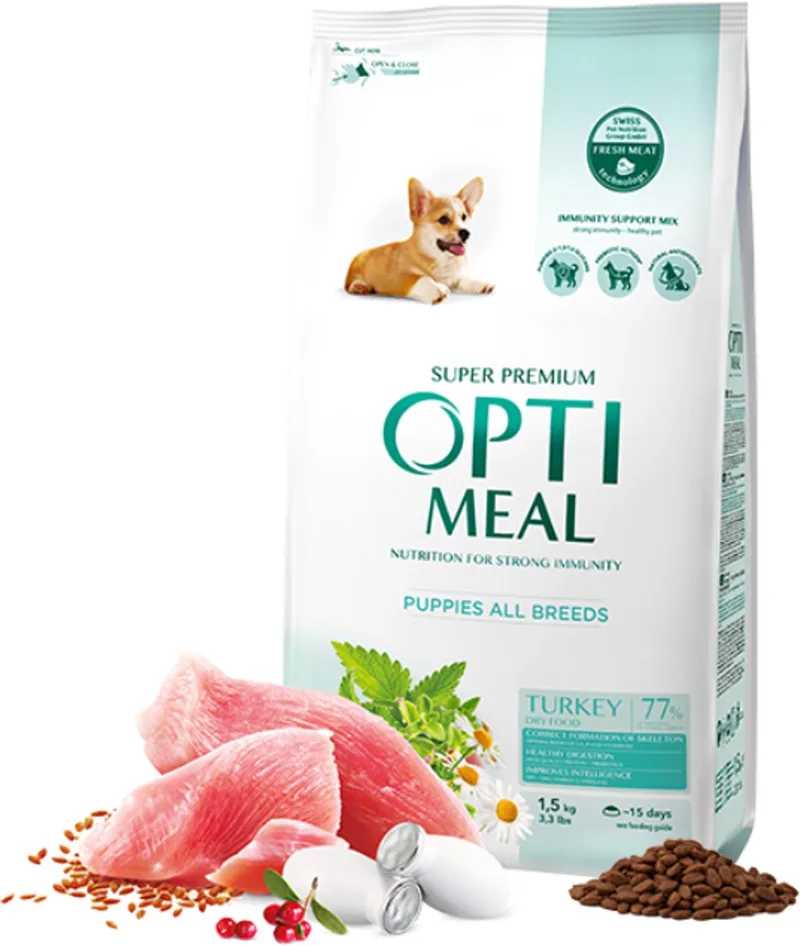 Puppyvoer Kalkoen – Super Premium Droogvoer voor Puppies van Alle Rassen – 32% Eiwit – Ondersteunt Groei, Immuunsysteem & Hersenen 1,5kg by Optimeal – product photo