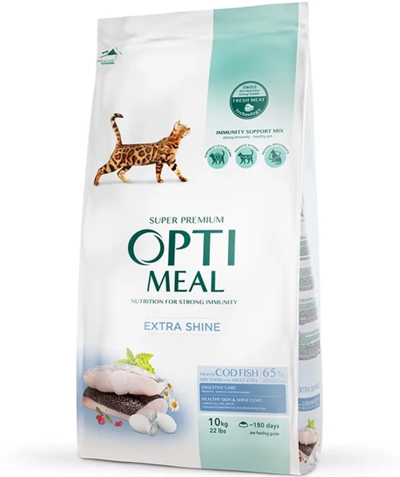 volledig droogvoer voor extra glans met kabeljauw – volwassen katten 10 kg fra Optimeal – produktbillede