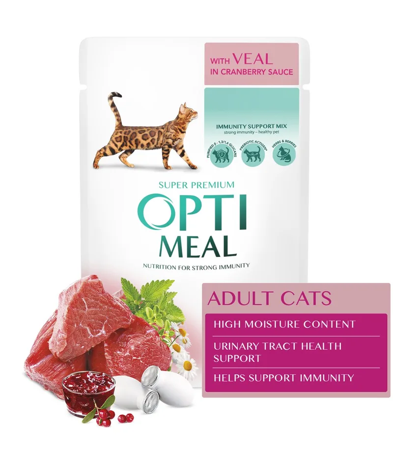 volwassen katten natvoer met kalfsvlees in cranberrysaus - 12x 85g von Optimeal – Produktfoto