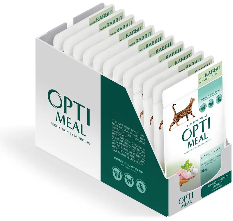 volwassen katten natvoer met konijn in wortelgelei - 12x 80g fra Optimeal – produktbillede