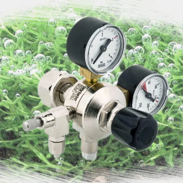 MAJOR2 CO2 aquarium drukregelaar reduceerventiel, 2 manometers en naaldventiel met opsteekkoppeling, W21.8 flesaansluiting 365760