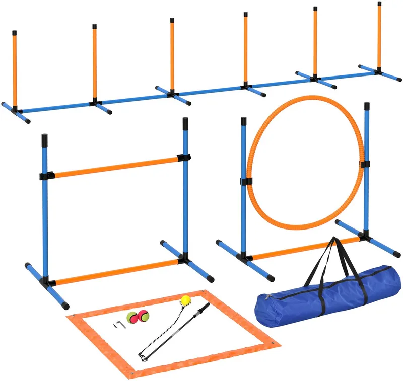 Agility Set Hunde 7-teilig Agility-Ausrüstung für Hundetraining Steckhürdenset mit Slalomstangen Sprunghoop 2 Bälle höhenverstellbar Hürden Koordinationstraining für Spiele Training by PawHut in Blau+Orange – product photo 1 of 5