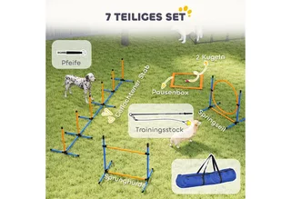 Agility Set Hunde 7-teilig Agility-Ausrüstung für Hundetraining Steckhürdenset mit Slalomstangen Sprunghoop 2 Bälle höhenverstellbar Hürden Koordinationstraining für Spiele Training by PawHut in Blau+Orange – product photo 4 of 5