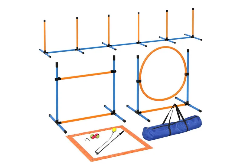 Agility Set Hunde 7-teilig Agility-Ausrüstung für Hundetraining Steckhürdenset mit Slalomstangen Sprunghoop 2 Bälle höhenverstellbar Hürden Koordinationstraining für Spiele Training by PawHut in Blau+Orange – product photo 2 of 5