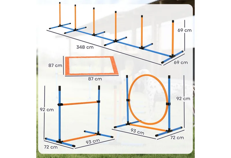 Agility Set Hunde 7-teilig Agility-Ausrüstung für Hundetraining Steckhürdenset mit Slalomstangen Sprunghoop 2 Bälle höhenverstellbar Hürden Koordinationstraining für Spiele Training by PawHut in Blau+Orange – product photo 3 of 5