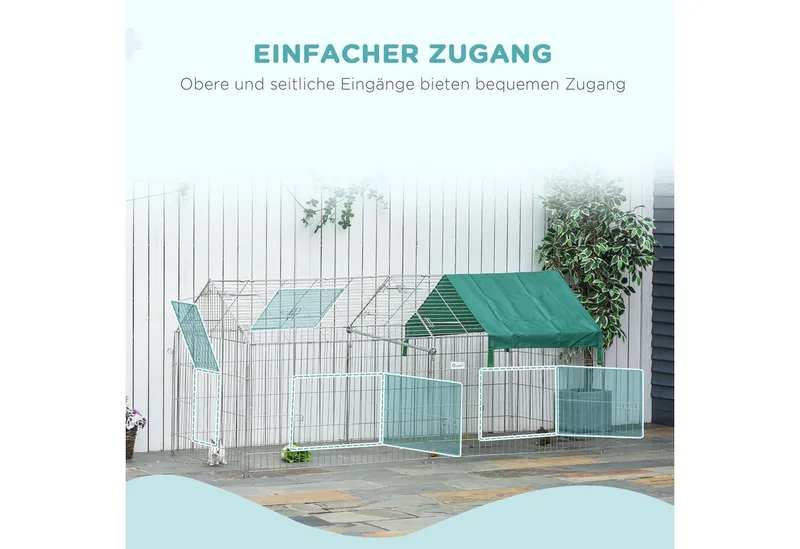 Buitenverblijf met zonwering konijnenhok konijnenkooi metaal beige D51-077V01 by PawHut in Green – product photo 5 of 5