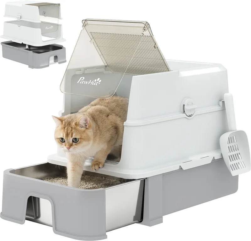 Cat Litter Box-201 Edelstahl, ABS-60L x 40B x 45H cm-Grau de PawHut – photo produit