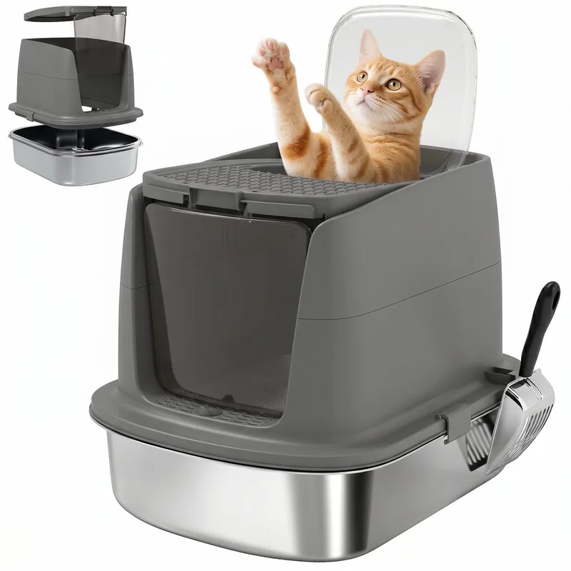 Cat Litter Box-Edelstahl, ABS-52,4L x 41,3B x 39,8H cm-Dunkelgrau de PawHut – photo produit