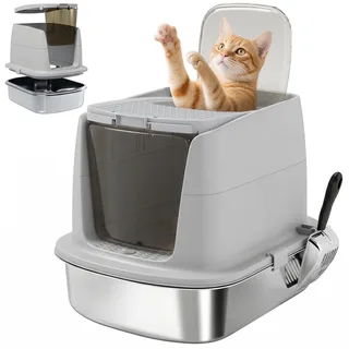 Cat Litter Box-Edelstahl, Kunststoff-52,4L x 41,3B x 39,8H cm-Hellgrau fra PawHut – produktbillede 1 af 5