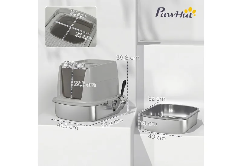 Cat Litter Box-Edelstahl, Kunststoff-52,4L x 41,3B x 39,8H cm-Hellgrau fra PawHut – produktbillede 3 af 5