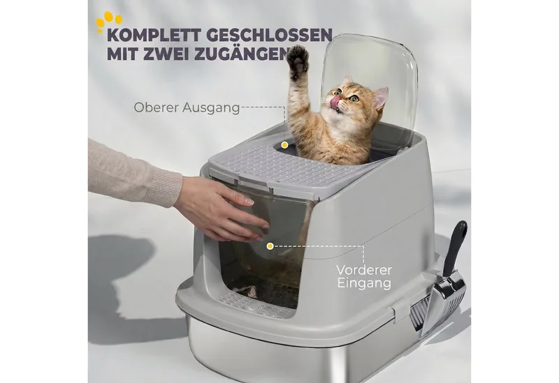 Cat Litter Box-Edelstahl, Kunststoff-52,4L x 41,3B x 39,8H cm-Hellgrau fra PawHut – produktbillede 5 af 5