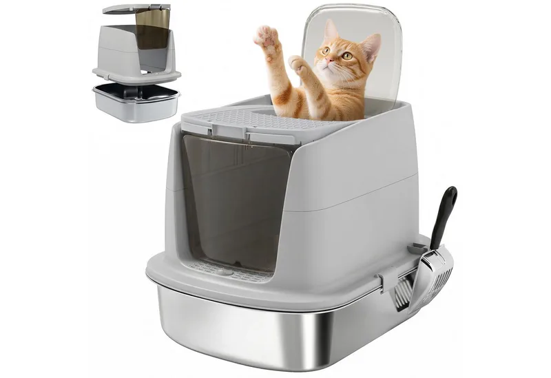 Cat Litter Box-Edelstahl, Kunststoff-52,4L x 41,3B x 39,8H cm-Hellgrau fra PawHut – produktbillede 2 af 5