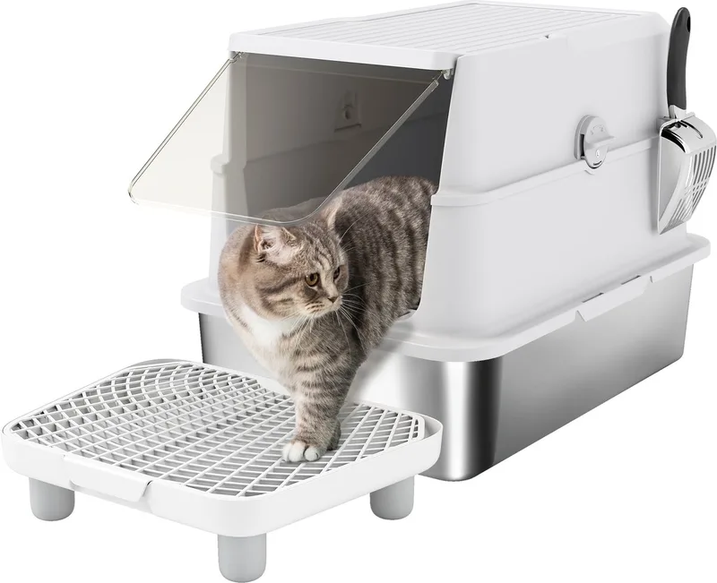 Cat Litter Box-Edelstahl, Kunststoff-60,2L x 40,2B x 43,3H cm-Hellgrau by PawHut – product photo