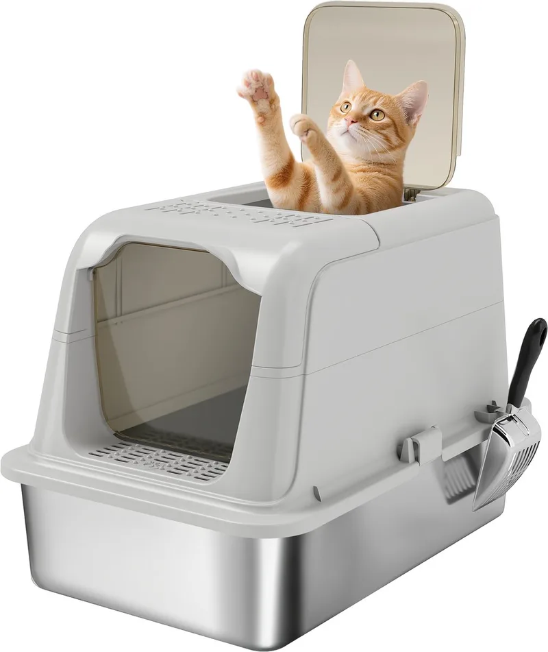 Cat Litter Box-Edelstahl, Kunststoff-60,4L x 40,4B x 41,8H cm-Hellgrau by PawHut – product photo