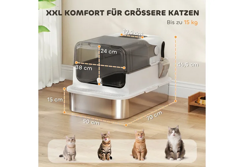 Cat Litter Box-Edelstahl, Kunststoff-70L x 50B x 46,5H cm-Weiß by PawHut – product photo 3 of 5