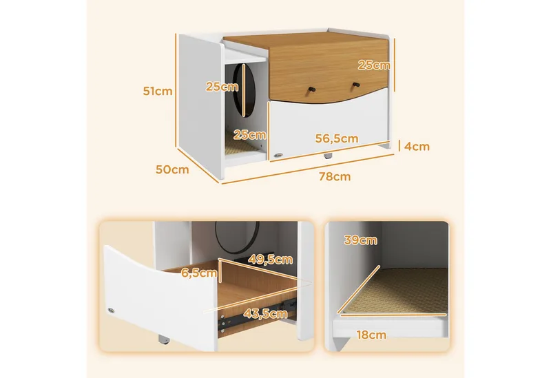 Cat Litter Box Spanplatte 78L x 50B x 51H cm Eiche de PawHut en Eiken, Blanc – photo produit 3 sur 5