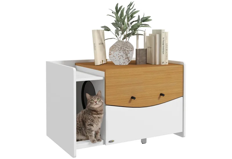 Cat Litter Box Spanplatte 78L x 50B x 51H cm Eiche de PawHut en Eiken, Blanc – photo produit 2 sur 5