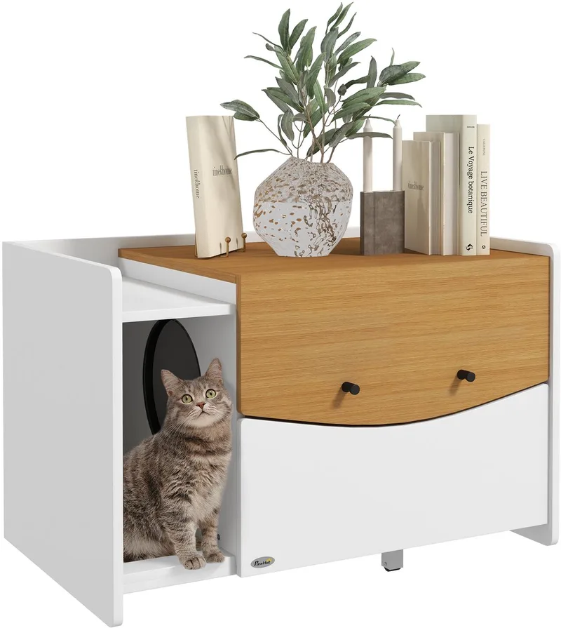 Cat Litter Box Spanplatte 78L x 50B x 51H cm Eiche de PawHut en Eiken, Blanc – photo produit 1 sur 5
