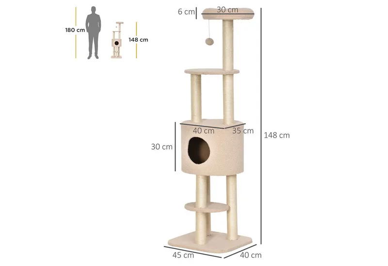 Cat Tree-Holz-45L x 40B x 148H cm-Beige de PawHut en Beige – photo produit 3 sur 5