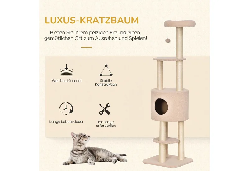 Cat Tree-Holz-45L x 40B x 148H cm-Beige de PawHut en Beige – photo produit 4 sur 5