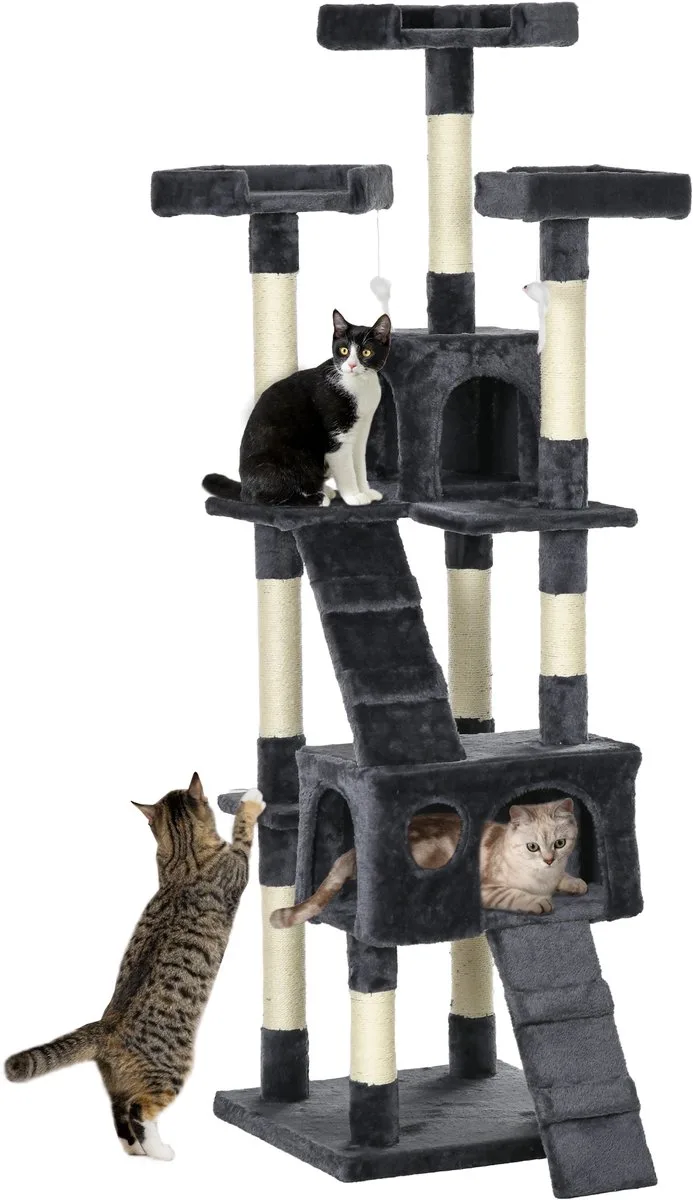 Cat Tree-Spannplatte, Plüsch-49L x 49B x 173H cm-Dunkelgrau von PawHut in Dunkelgrau – Produktfoto