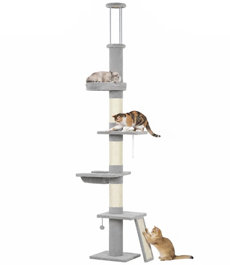 Cat Tree-Spanplatte, Plüsch-40L x 40B x 230-260H cm-Hellgrau by PawHut in Light grey, Crèmewit – product photo