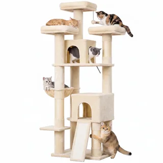 Cat Tree-Spanplatte, Plüsch-59L x 49B x 184H cm-Beige von PawHut – Produktfoto 1 von 5