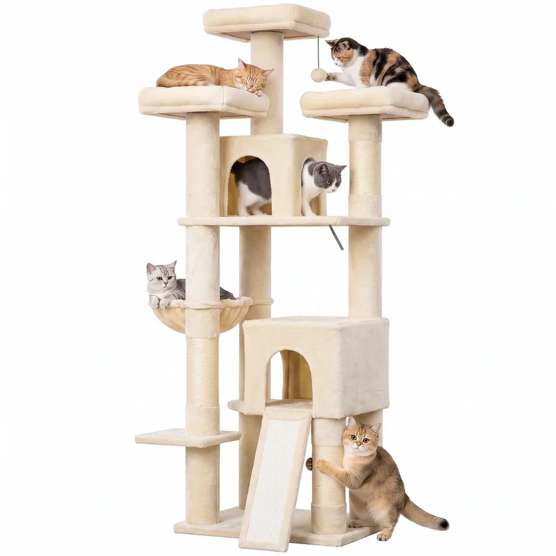 Cat Tree-Spanplatte, Plüsch-59L x 49B x 184H cm-Beige von PawHut – Produktfoto 1 von 5