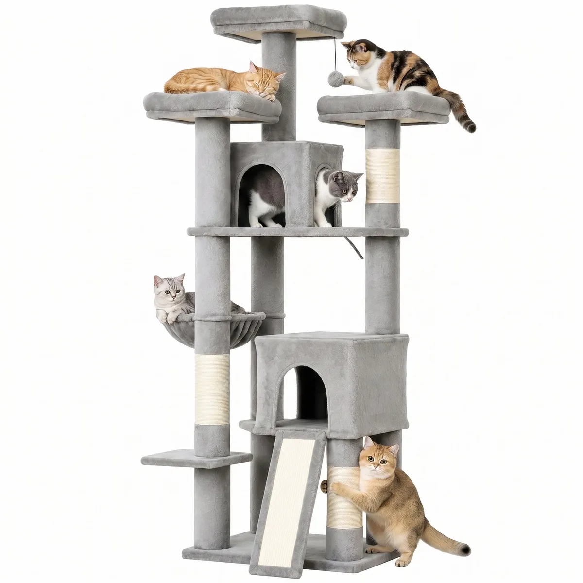 Cat Tree-Spanplatte, Plüsch-59L x 49B x 184H cm-Hellgrau de PawHut en Gris clair – photo produit