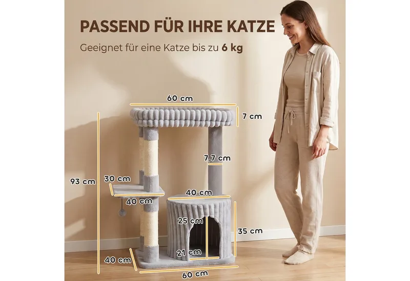 Cat Tree-Spanplatte, Plüsch-60 x 40 x 93 cm-Grau by PawHut in Grey, Beige – product photo 3 of 5