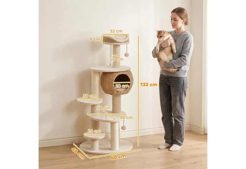Cat Tree-Spanplatte, Plüsch-60L x 48B x 132H cm-Beige de PawHut en Beige, Lichtbruin, Crèmewit – photo produit 3 sur 5