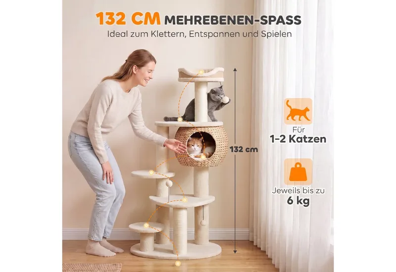 Cat Tree-Spanplatte, Plüsch-60L x 48B x 132H cm-Beige de PawHut en Beige, Lichtbruin, Crèmewit – photo produit 4 sur 5
