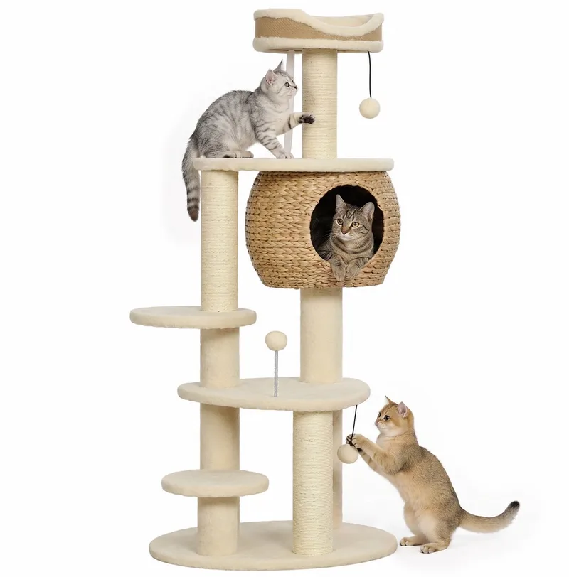 Cat Tree-Spanplatte, Plüsch-60L x 48B x 132H cm-Beige de PawHut en Beige, Lichtbruin, Crèmewit – photo produit 1 sur 5
