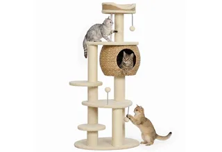 Cat Tree-Spanplatte, Plüsch-60L x 48B x 132H cm-Beige de PawHut en Beige, Lichtbruin, Crèmewit – photo produit 2 sur 5