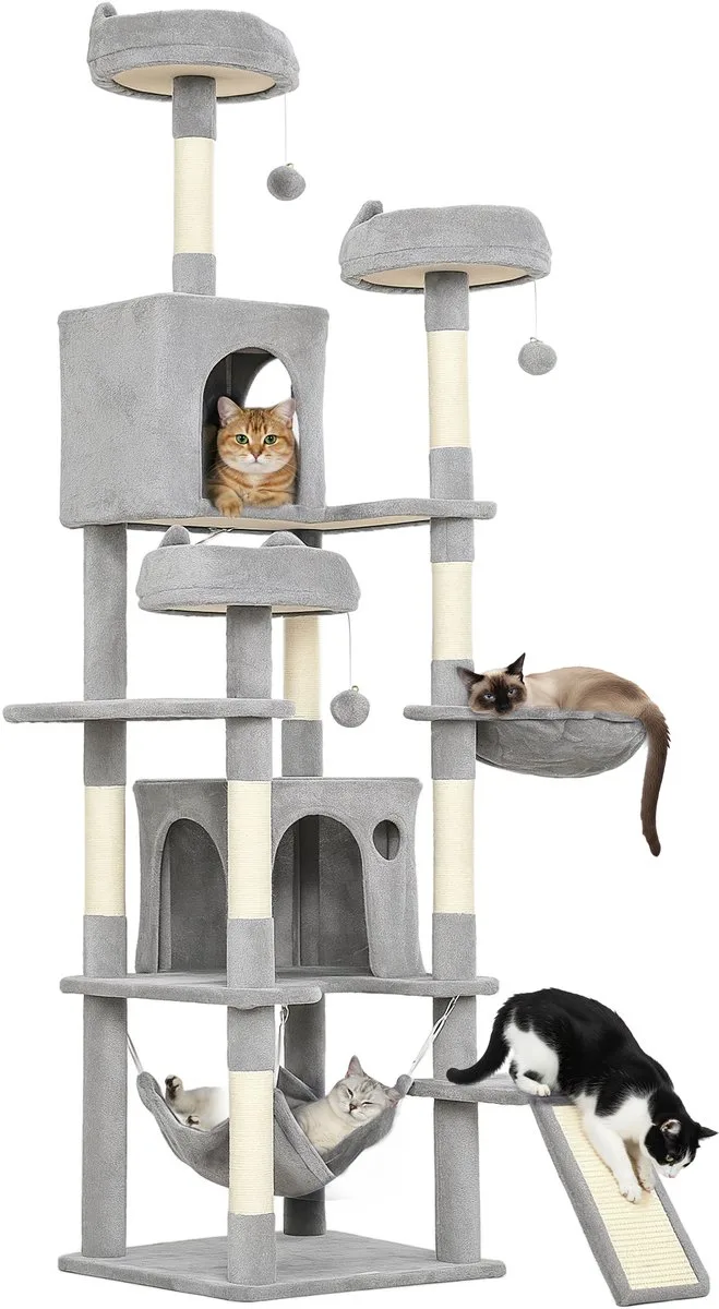 Cat Tree-Spanplatte, Polyester-48L x 48B x 192H cm-Hellgrau by PawHut in Light grey, Crèmewit – product photo